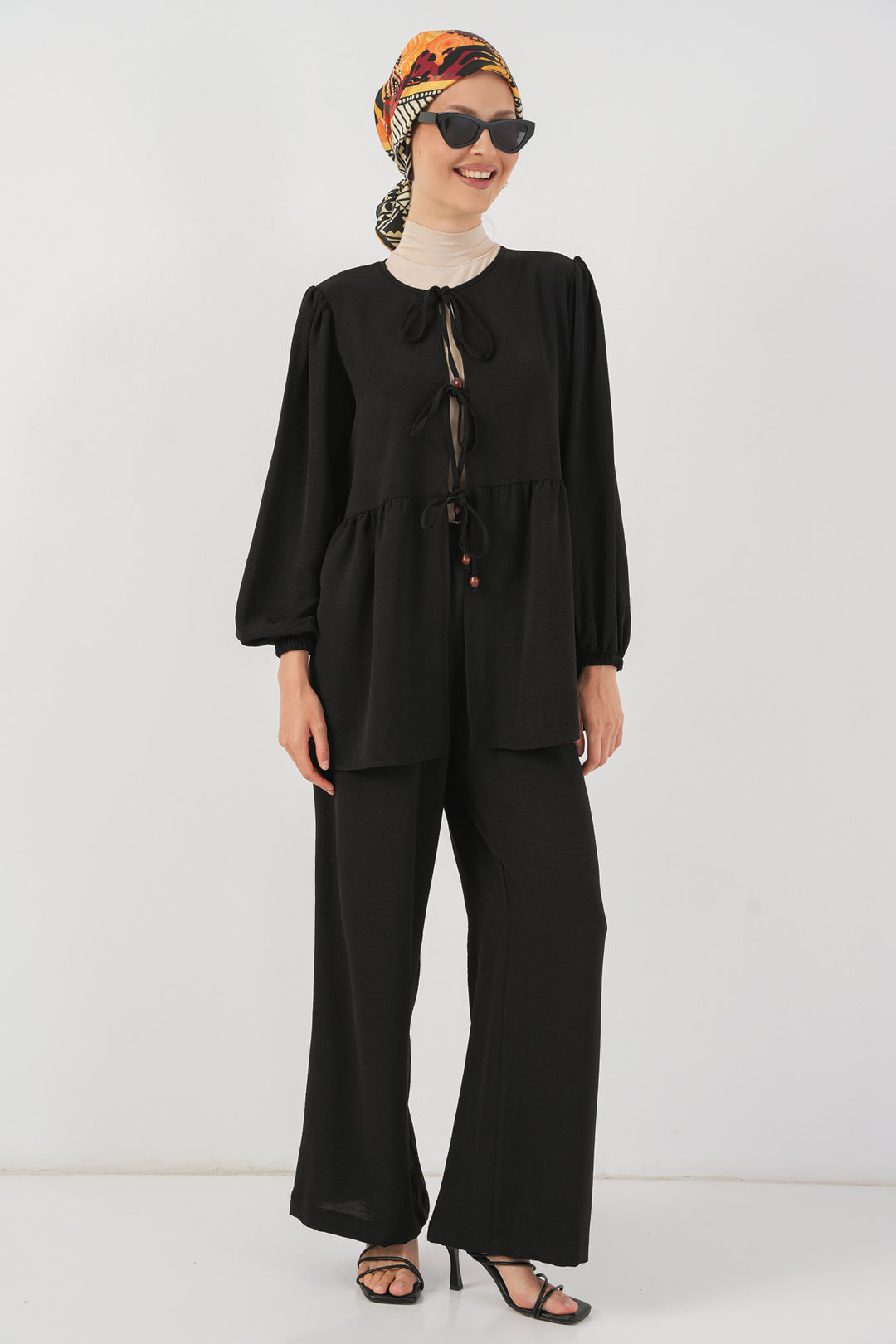 BGD Women Women's Front Lace-Up Tunic Pants Set 6744 - Black - Dovzhansk