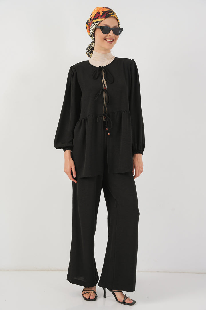 BGD Women Women's Front Lace-Up Tunic Pants Set 6744 - Black - Dovzhansk