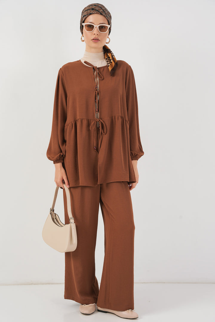 BGD Women Women's Front Lace-Up Tunic Pants Set 6744 - Brown - Huber Heights