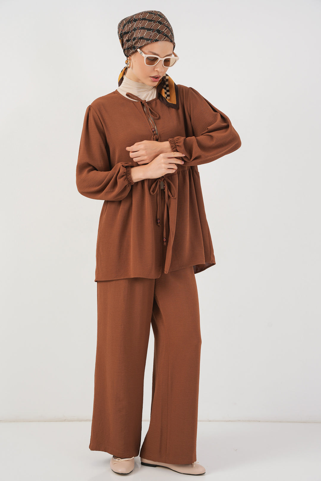 BGD Women Women's Front Lace-Up Tunic Pants Set 6744 - Brown - Huber Heights