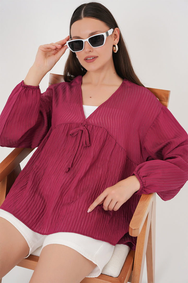 BGD Women Women's Front Lace-Up Long Sleeve Blouse 946 - Burgundy - Egypt Lake-Leto