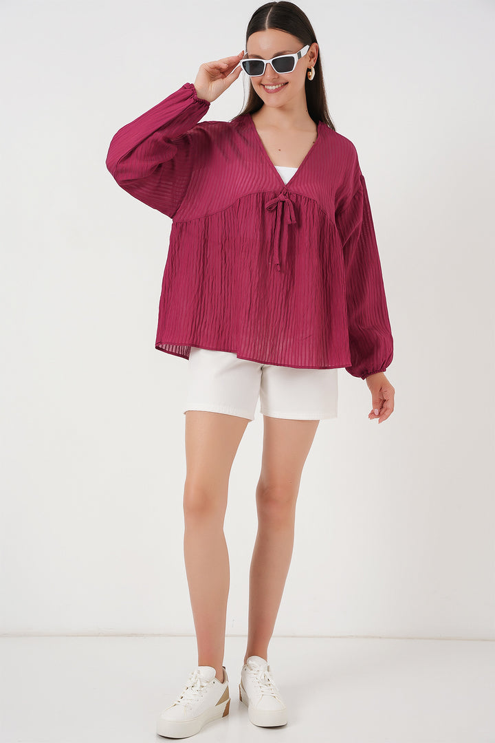 BGD Women Women's Front Lace-Up Long Sleeve Blouse 946 - Burgundy - Egypt Lake-Leto