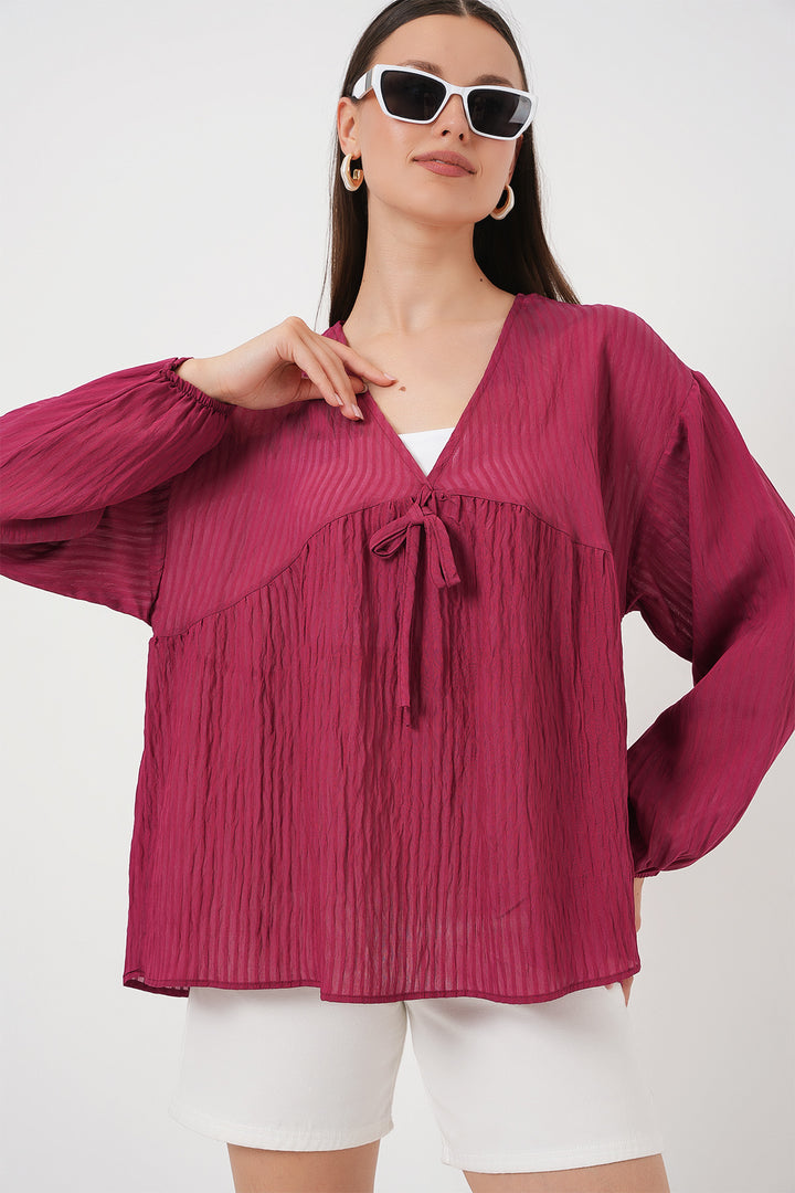 BGD Women Women's Front Lace-Up Long Sleeve Blouse 946 - Burgundy - Egypt Lake-Leto