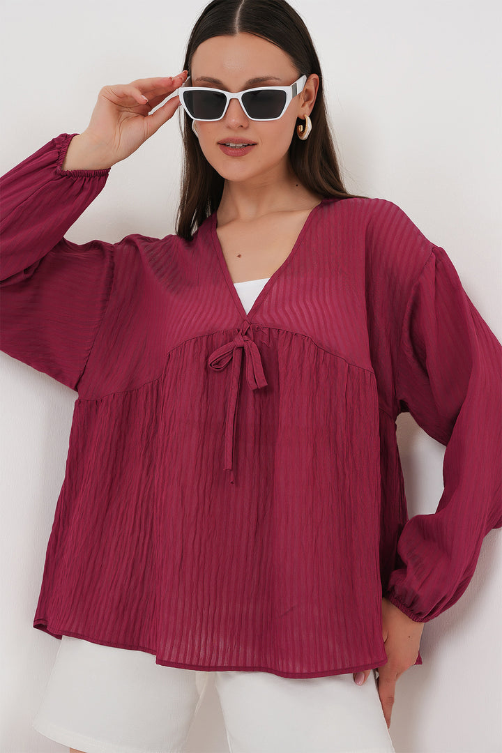 BGD Women Women's Front Lace-Up Long Sleeve Blouse 946 - Burgundy - Egypt Lake-Leto