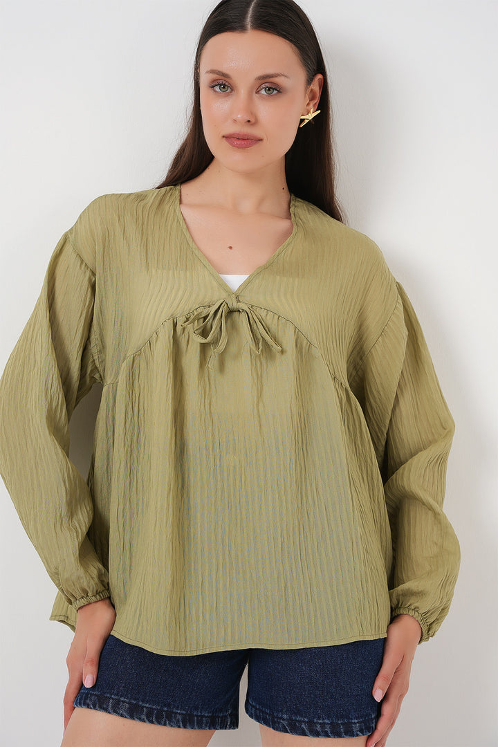 BGD Women Women's Front Lace Long Sleeve Blouse 946 - Chartreuse - Cesena