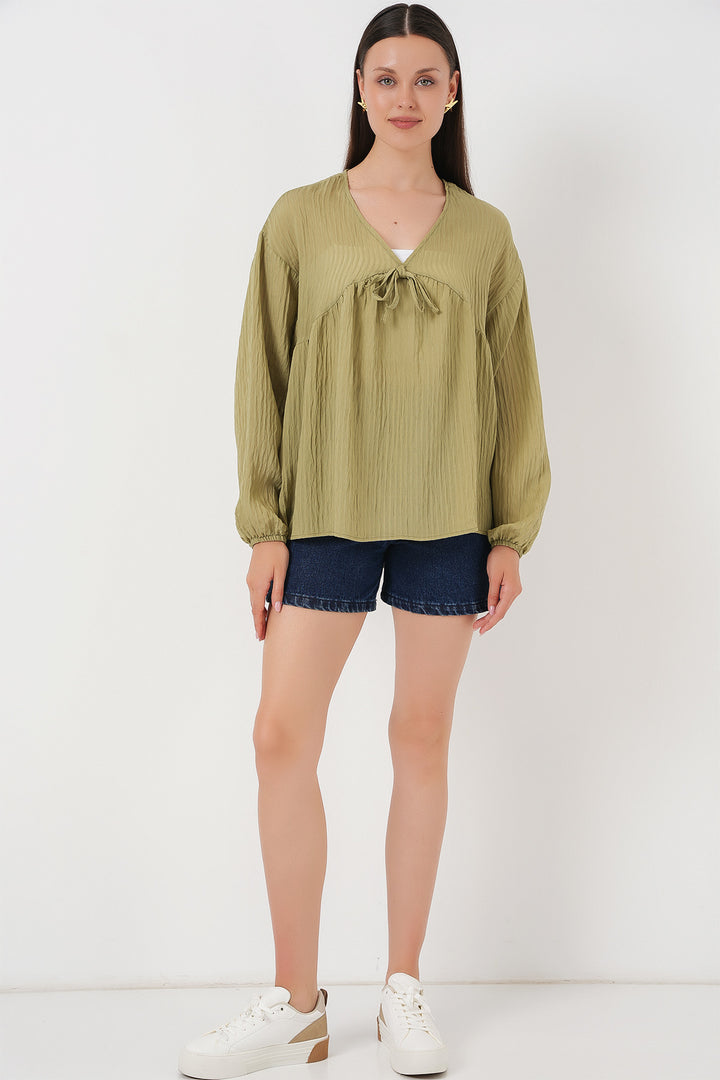 BGD Women Women's Front Lace Long Sleeve Blouse 946 - Chartreuse - Cesena