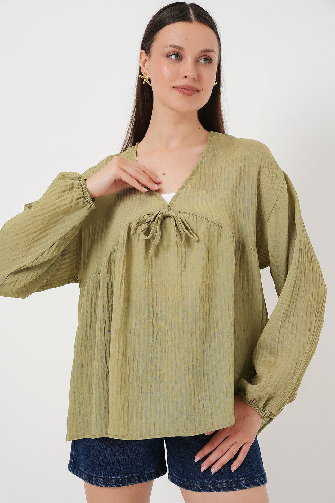 BGD Women Women's Front Lace Long Sleeve Blouse 946 - Chartreuse - Cesena