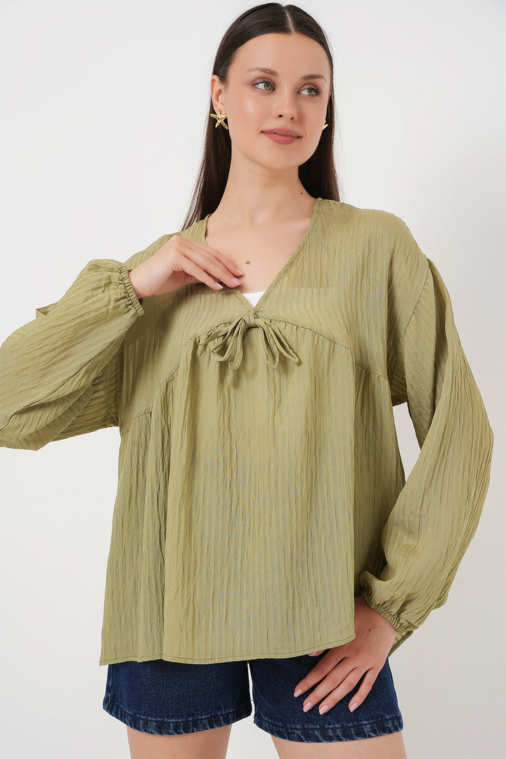 BGD Women Women's Front Lace Long Sleeve Blouse 946 - Chartreuse - Cesena