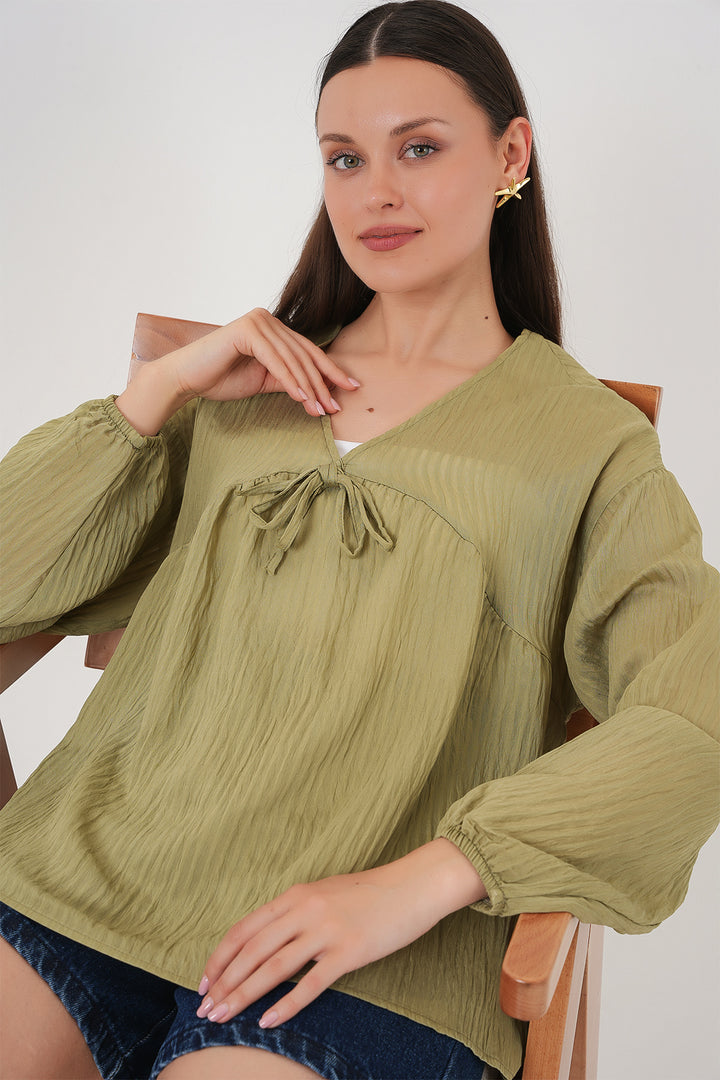 BGD Women Women's Front Lace Long Sleeve Blouse 946 - Chartreuse - Cesena