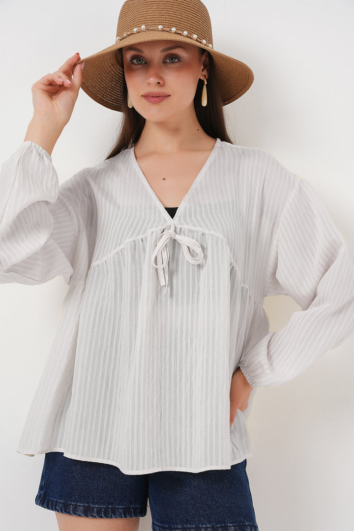 BGD Women Woman Front Lace-Up Long Sleeve Blouse 946 - Ecru - Wilkes-Barre