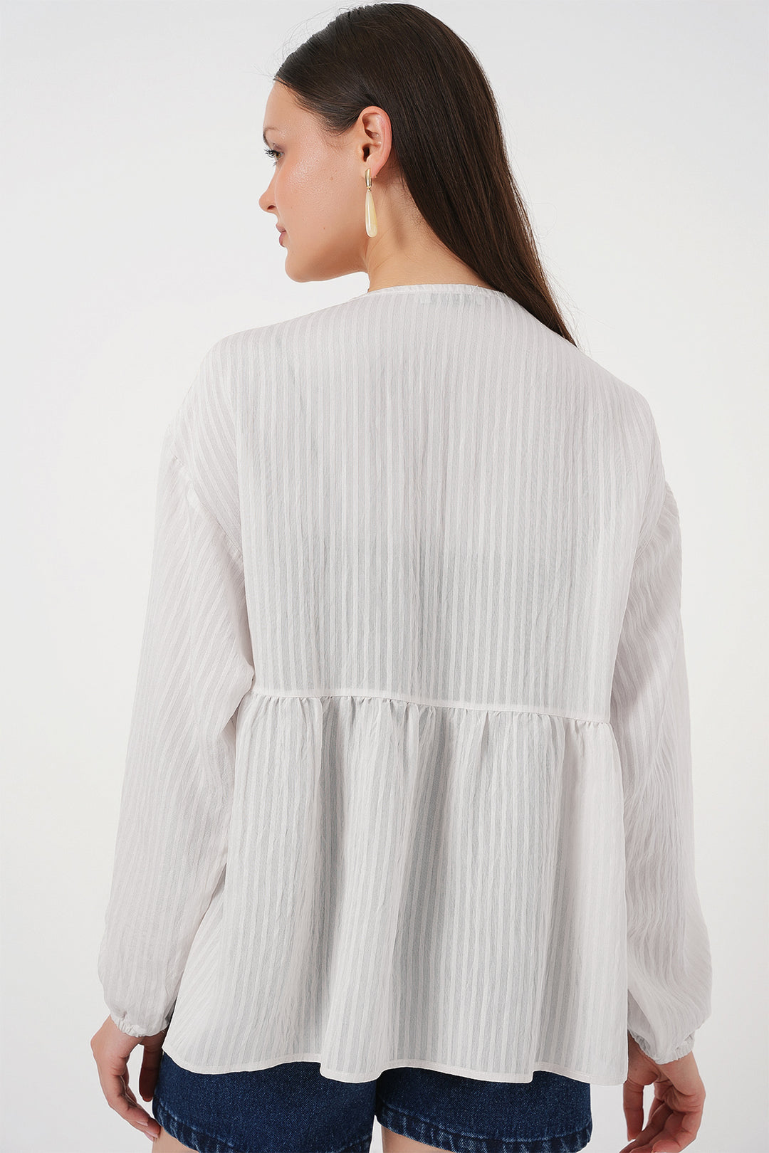 BGD Women Woman Front Lace-Up Long Sleeve Blouse 946 - Ecru - Wilkes-Barre