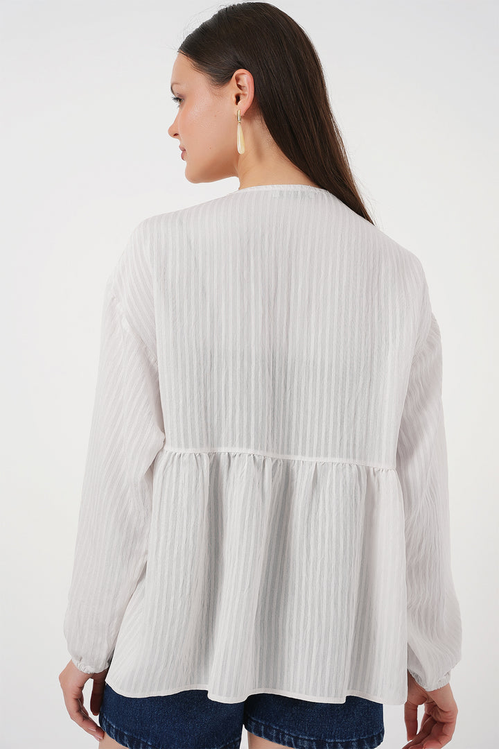 BGD Women Woman Front Lace-Up Long Sleeve Blouse 946 - Ecru - Wilkes-Barre