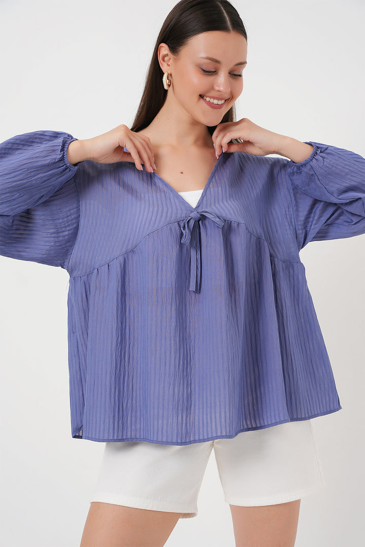 BGD Women Women's Front Lace-Up Long Sleeve Blouse 946 - Indigo - Villareal