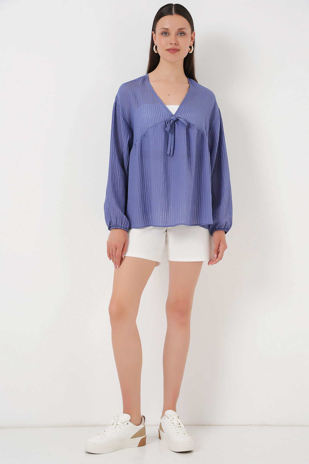 BGD Women Women's Front Lace-Up Long Sleeve Blouse 946 - Indigo - Villareal