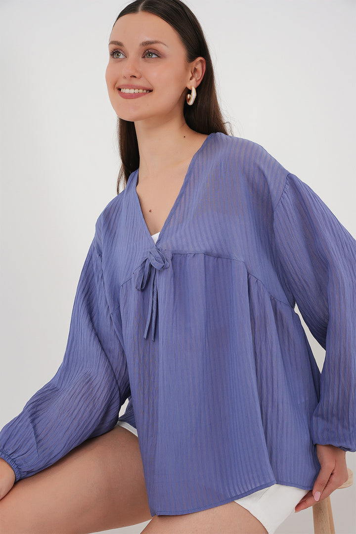 BGD Women Women's Front Lace-Up Long Sleeve Blouse 946 - Indigo - Villareal