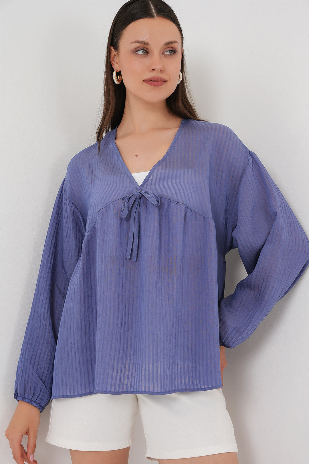 BGD Women Women's Front Lace-Up Long Sleeve Blouse 946 - Indigo - Villareal
