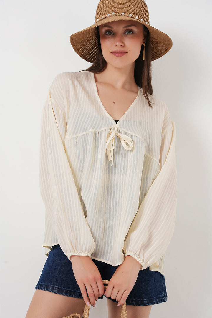 BGD Women Women's Front Lace-Up Long Sleeve Blouse 946 - Cream - La Rinconada