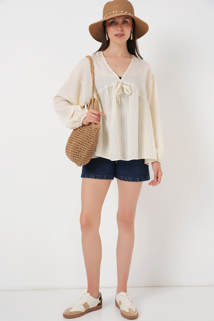 BGD Women Women's Front Lace-Up Long Sleeve Blouse 946 - Cream - La Rinconada