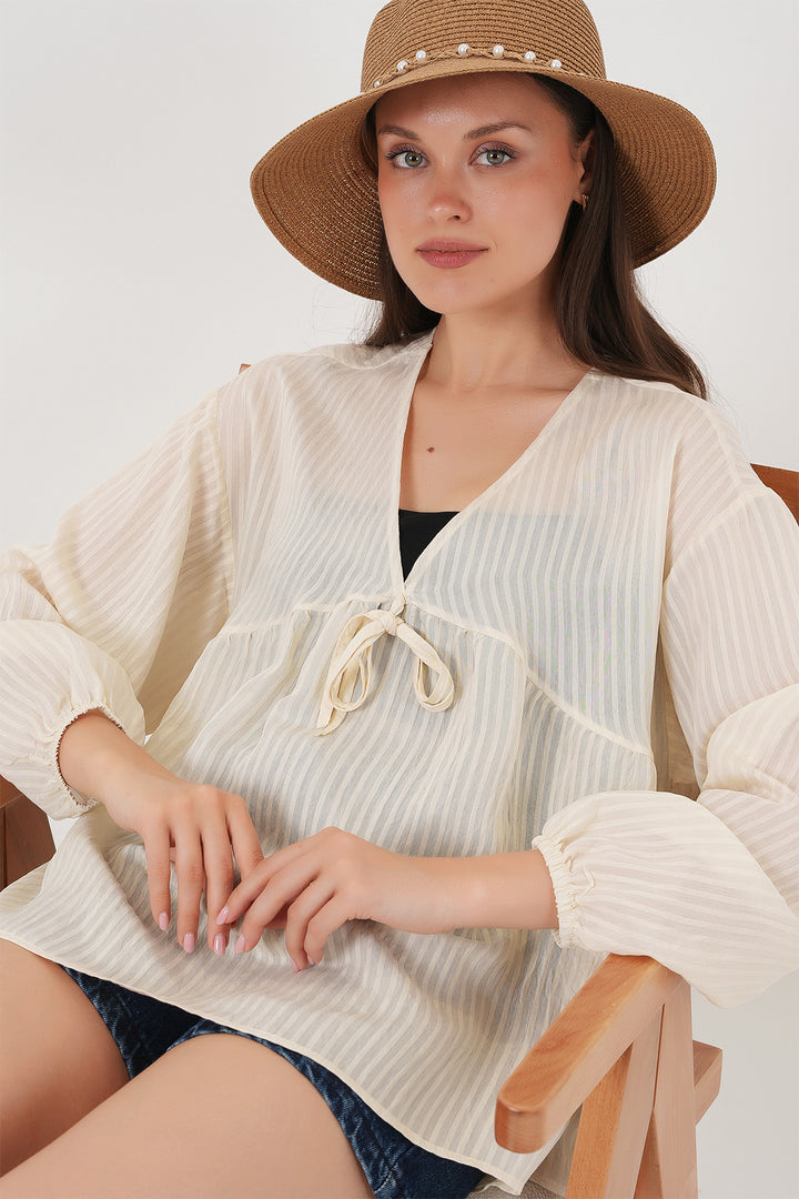 BGD Women Women's Front Lace-Up Long Sleeve Blouse 946 - Cream - La Rinconada