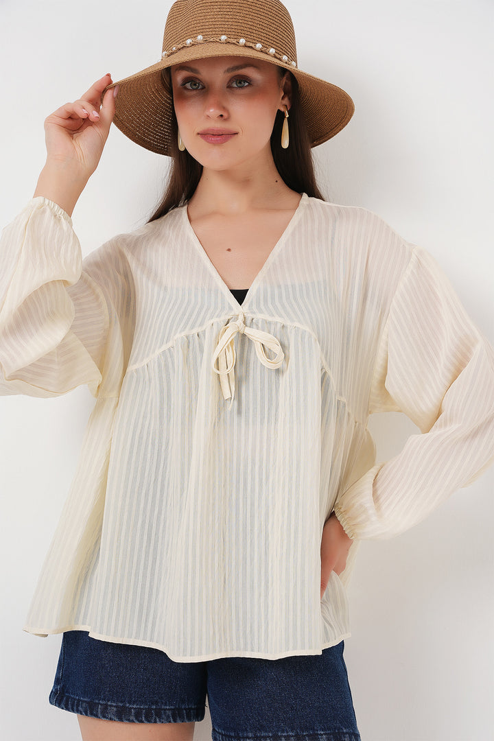 BGD Women Women's Front Lace-Up Long Sleeve Blouse 946 - Cream - La Rinconada