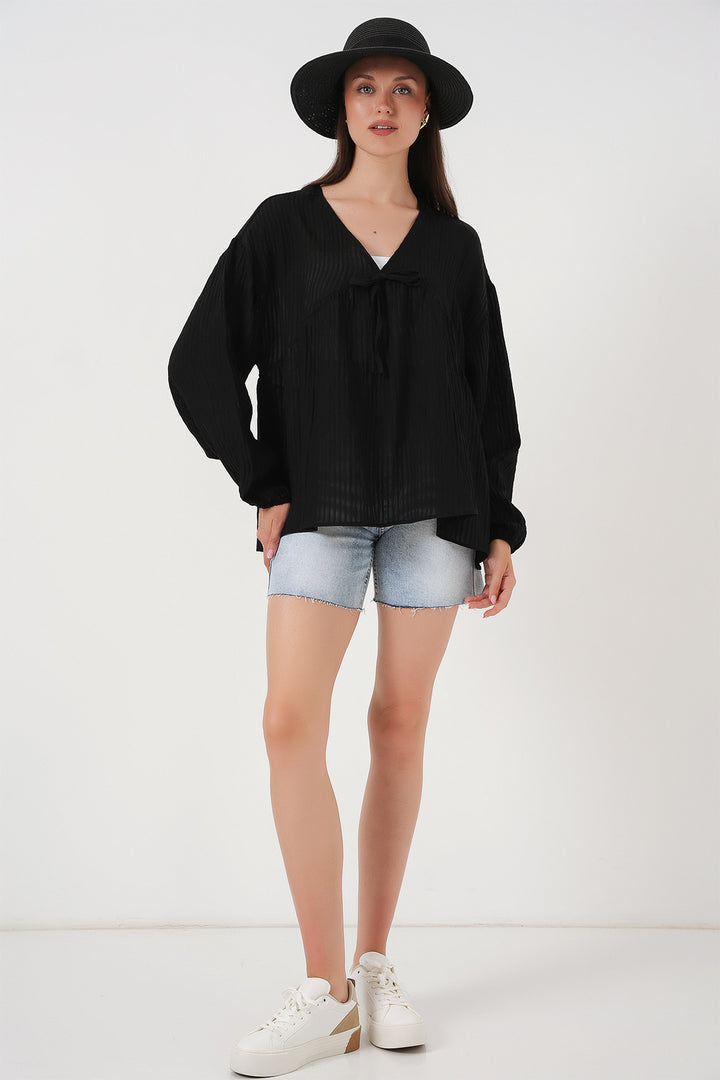 BGD Women Woman Front Laced Long Sleeve Blouse 946 - Black - Poitiers