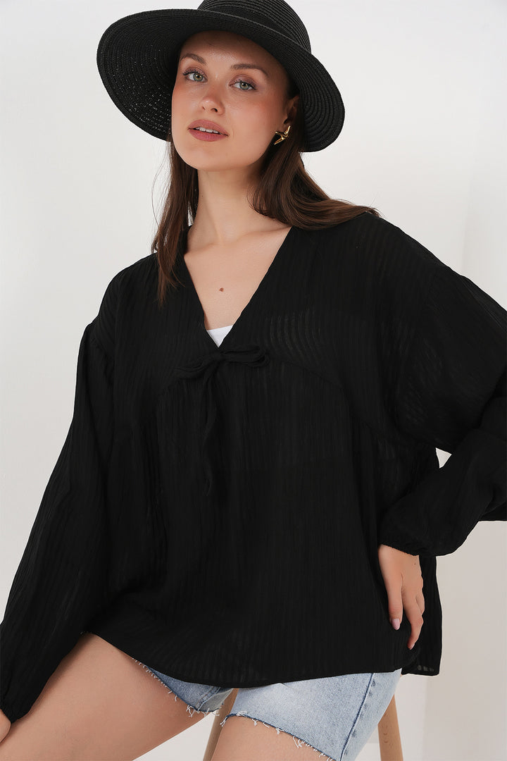 BGD Women Woman Front Laced Long Sleeve Blouse 946 - Black - Poitiers
