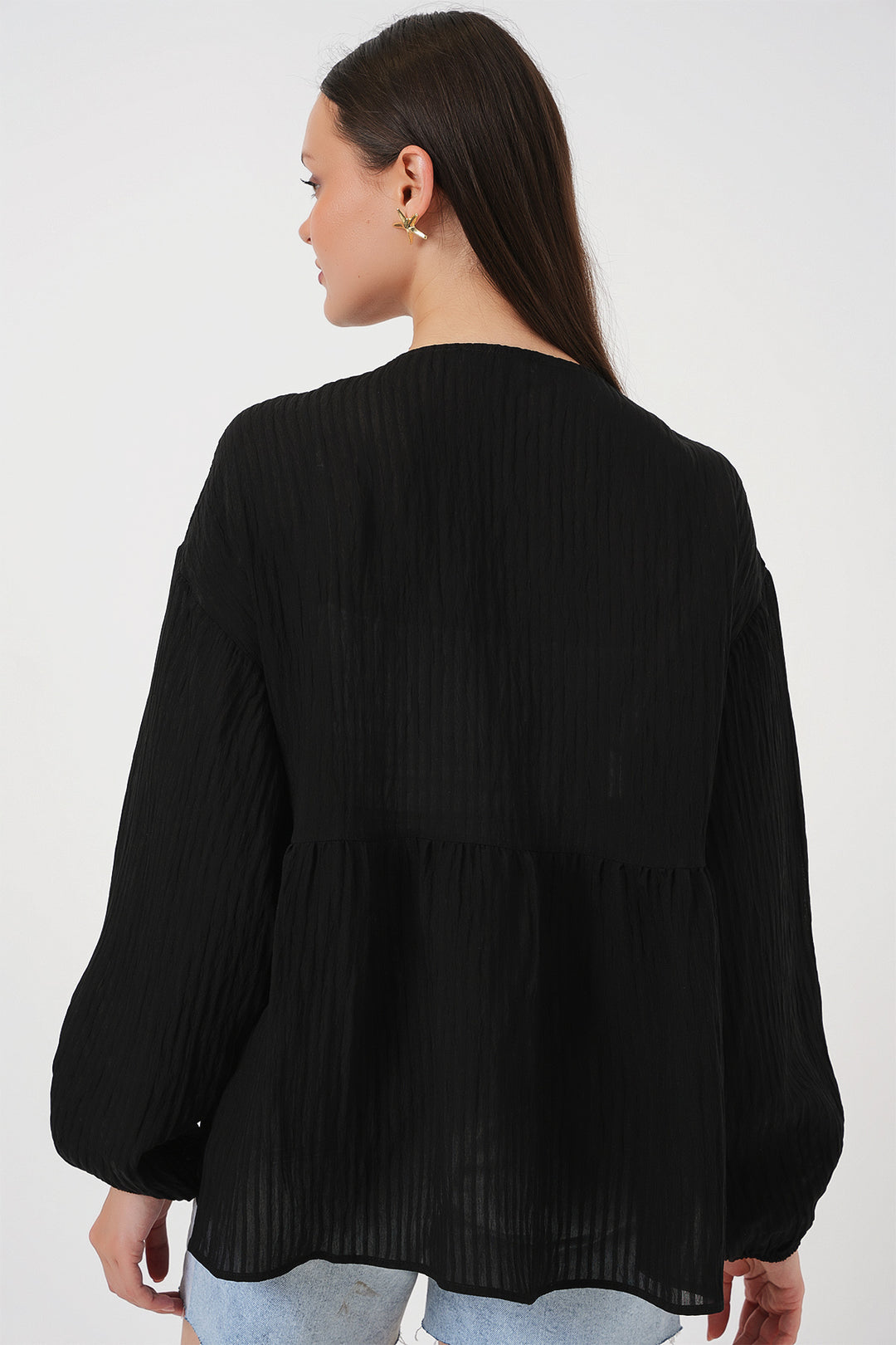 BGD Women Woman Front Laced Long Sleeve Blouse 946 - Black - Poitiers