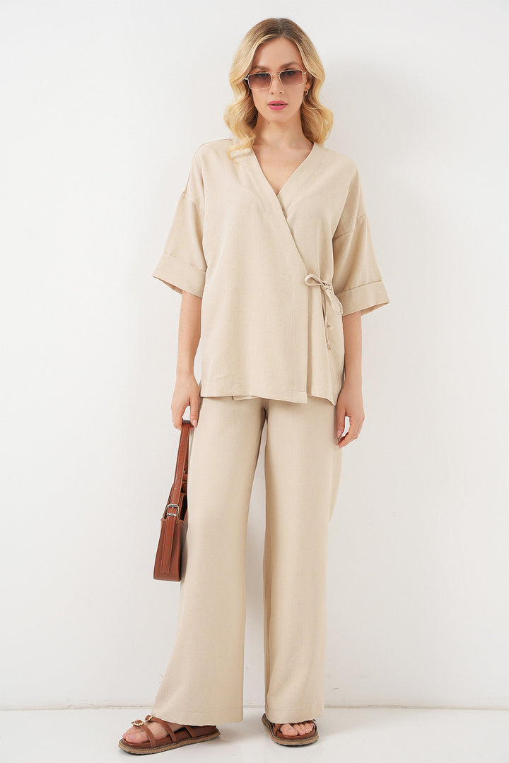 BGD Women Woman Front Tied Top and Bottom Set 6745 - Beige - Venice
