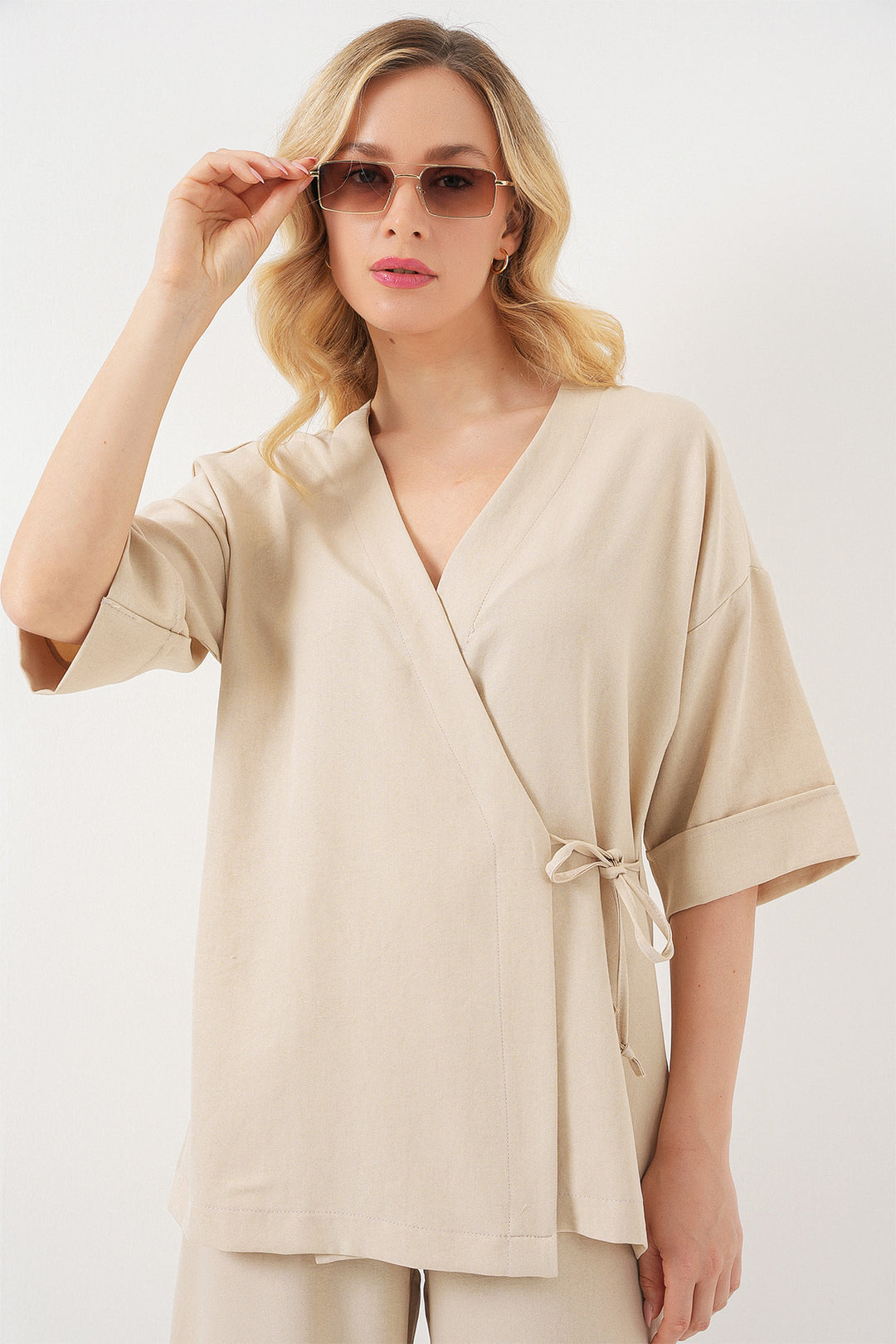 BGD Women Woman Front Tied Top and Bottom Set 6745 - Beige - Venice