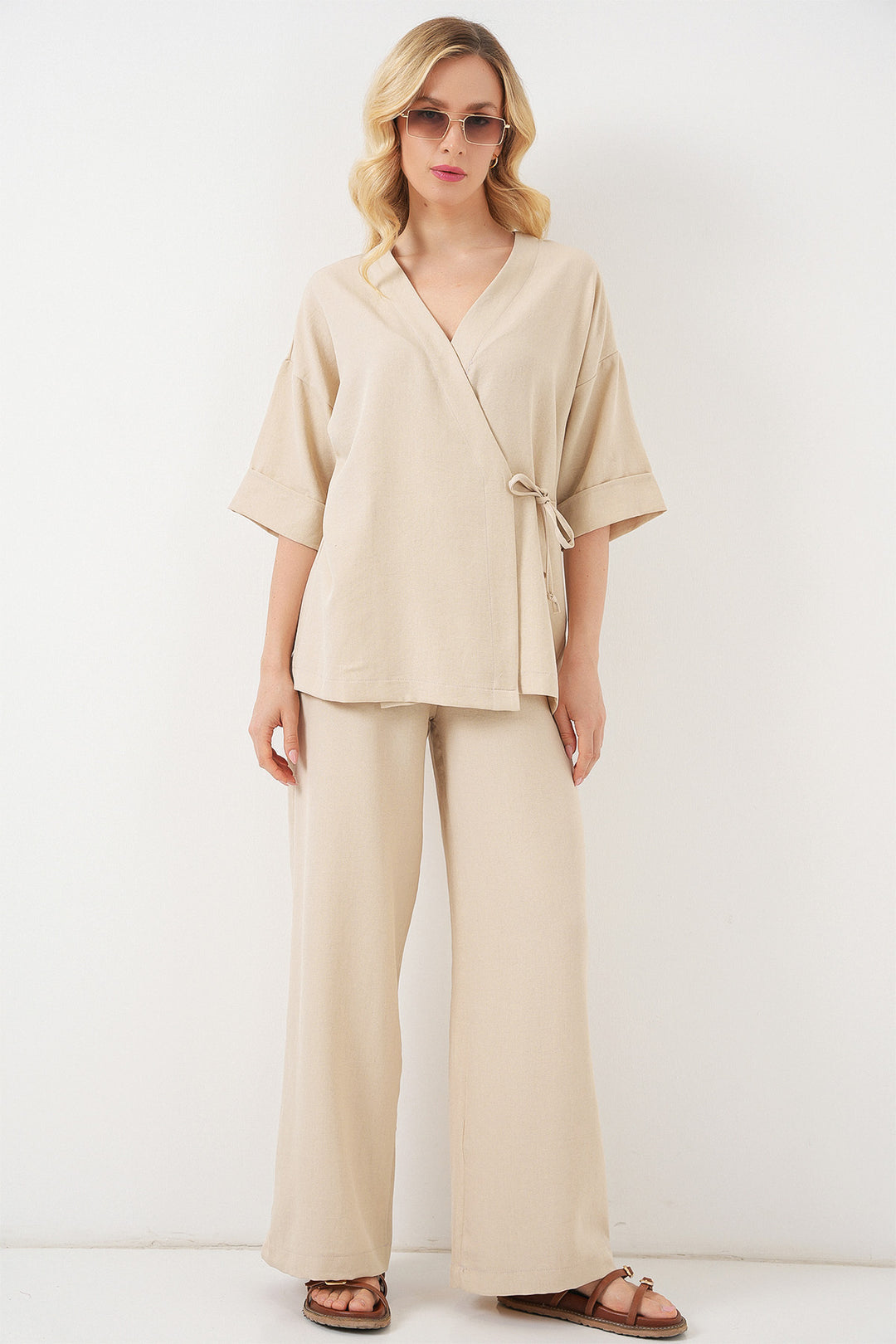 BGD Women Woman Front Tied Top and Bottom Set 6745 - Beige - Venice