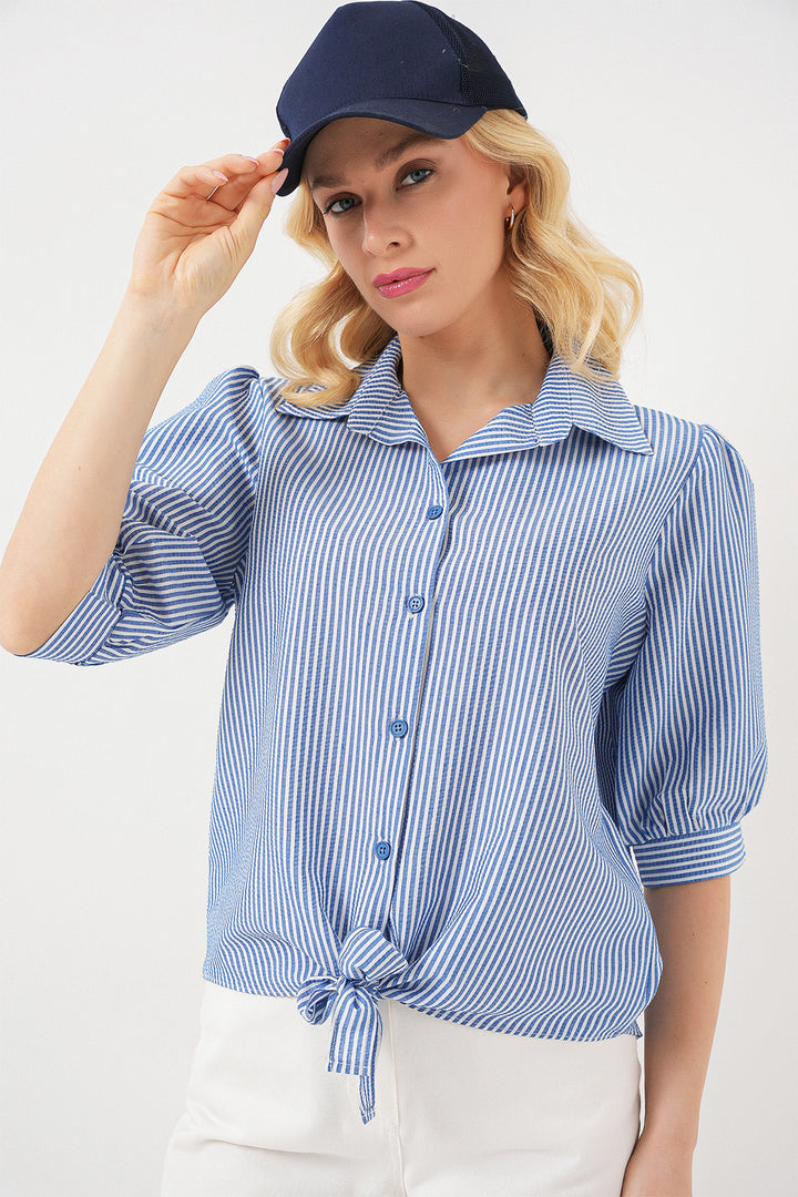 BGD Women Women's Front Tied Striped Shirt 20323 - Navy Blue - Blyth
