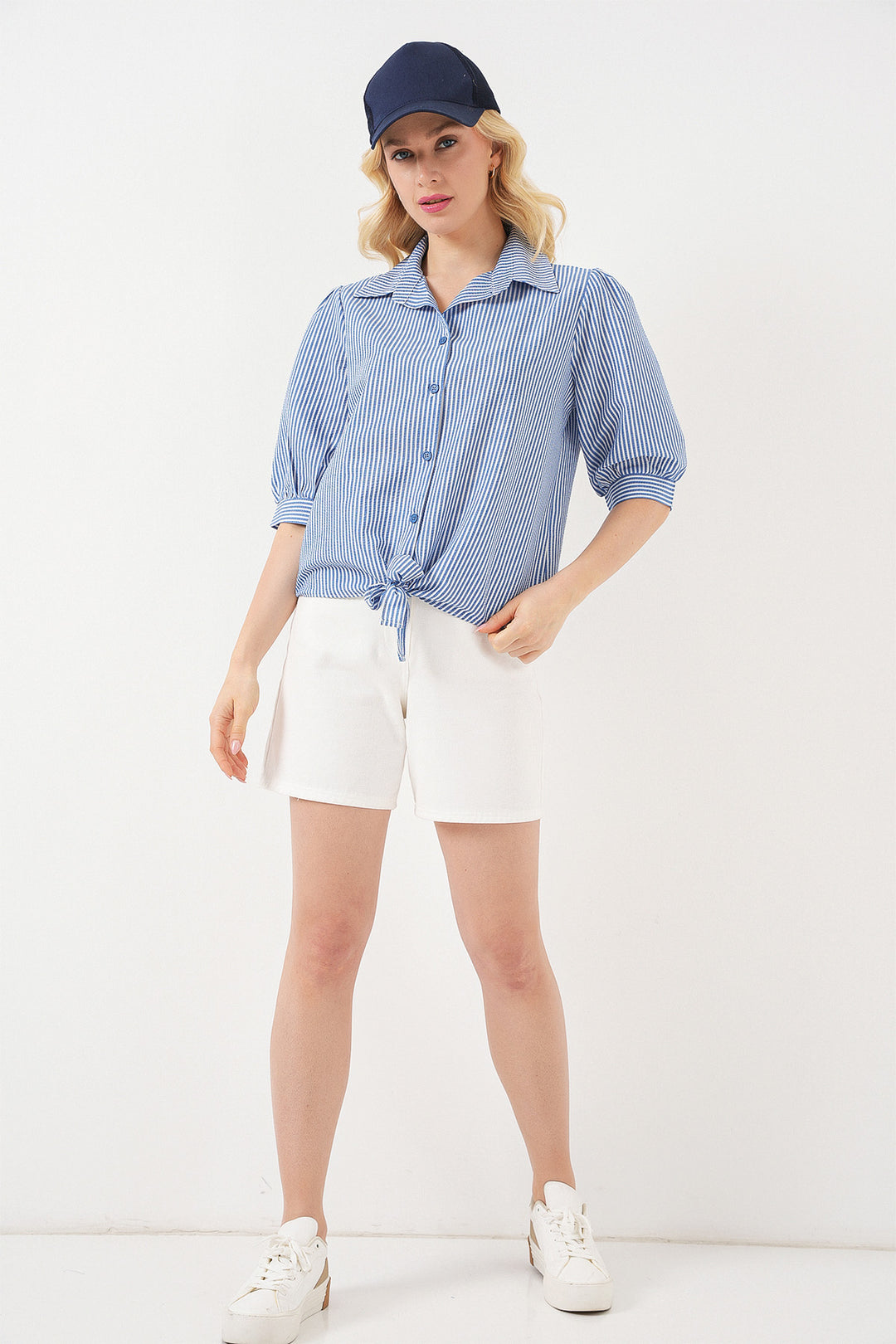 BGD Women Women's Front Tied Striped Shirt 20323 - Navy Blue - Blyth