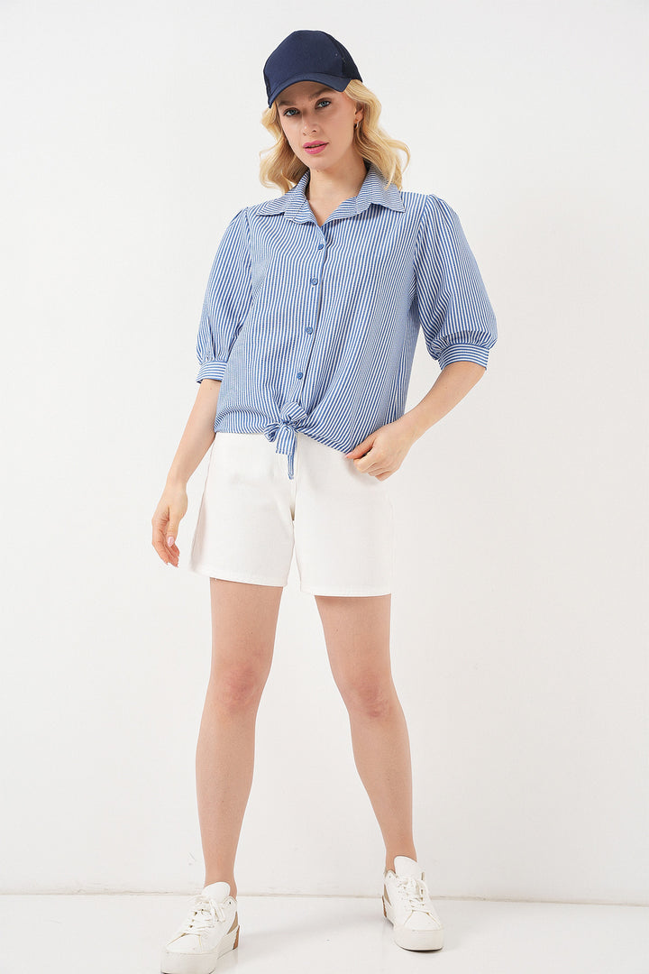 BGD Women Women's Front Tied Striped Shirt 20323 - Navy Blue - Blyth