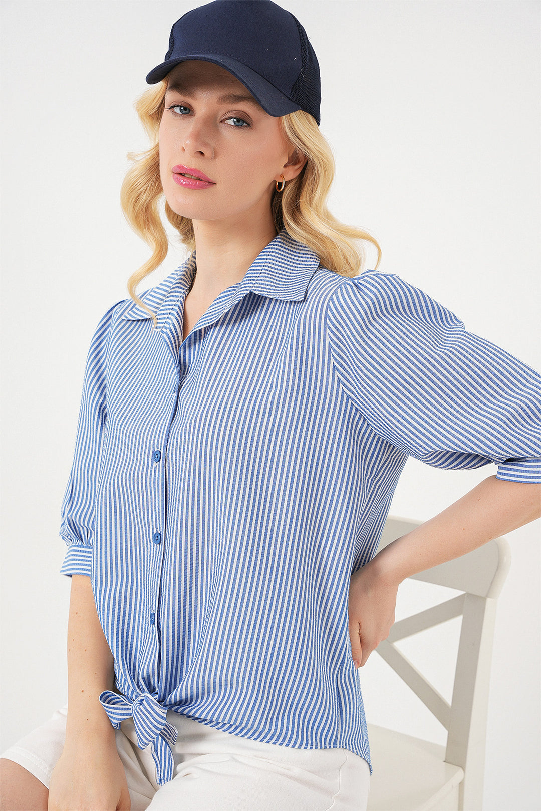 BGD Women Women's Front Tied Striped Shirt 20323 - Navy Blue - Inver Grove Heights