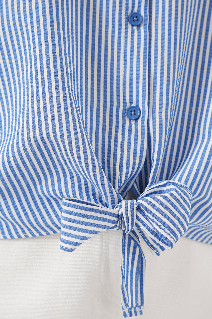 BGD Women Women's Front Tied Striped Shirt 20323 - Navy Blue - Inver Grove Heights