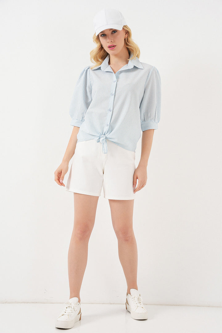 BGD Women Kadın Önü Bağlamalı Çizgili Gömlek 20323 - Mavi - Langen