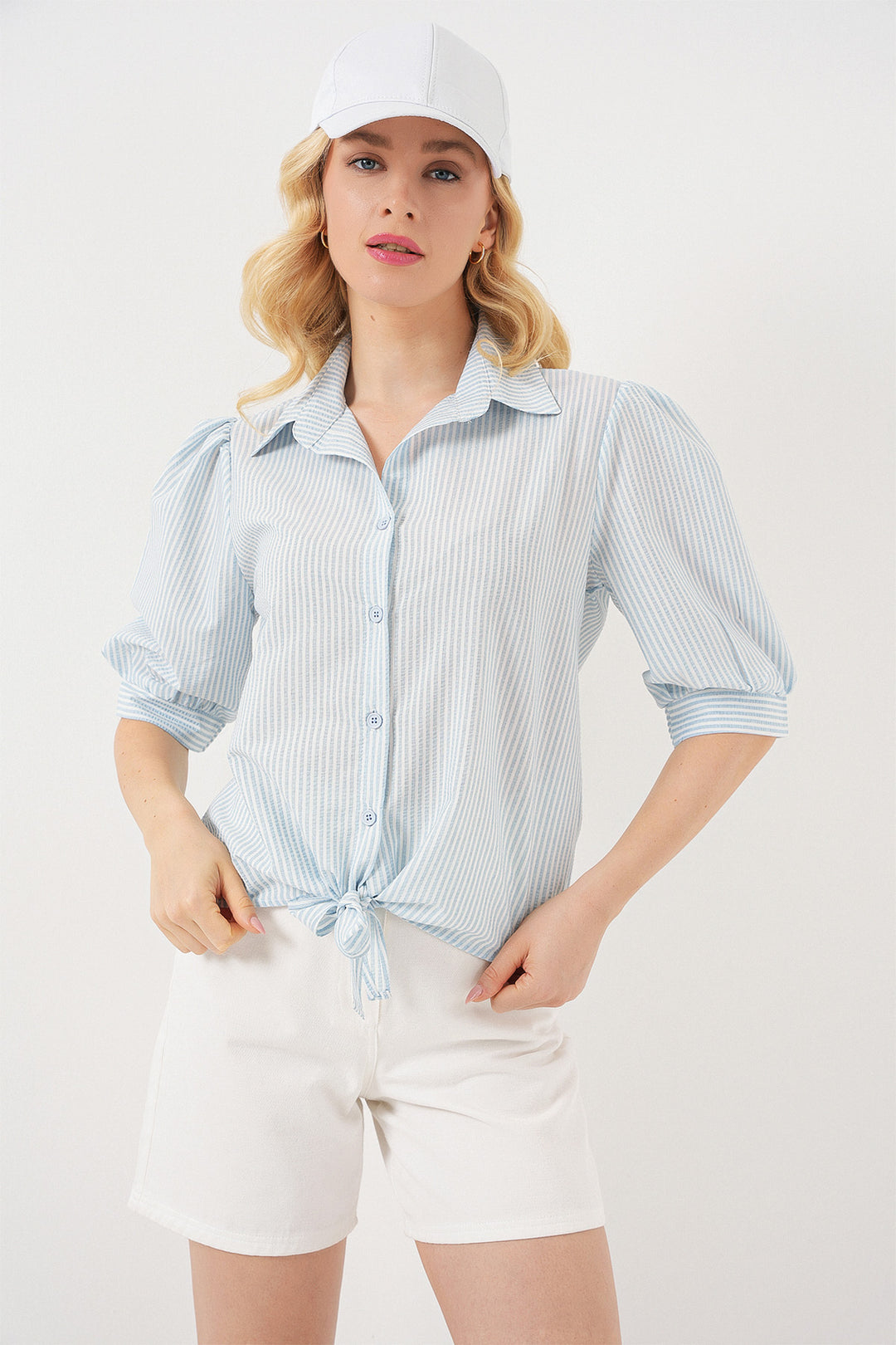BGD Women Women's Front Tied Striped Shirt 20323 - Blue - Tarrasa