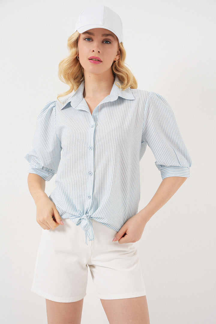 BGD Women Women's Front Tied Striped Shirt 20323 - Blue - Tarrasa