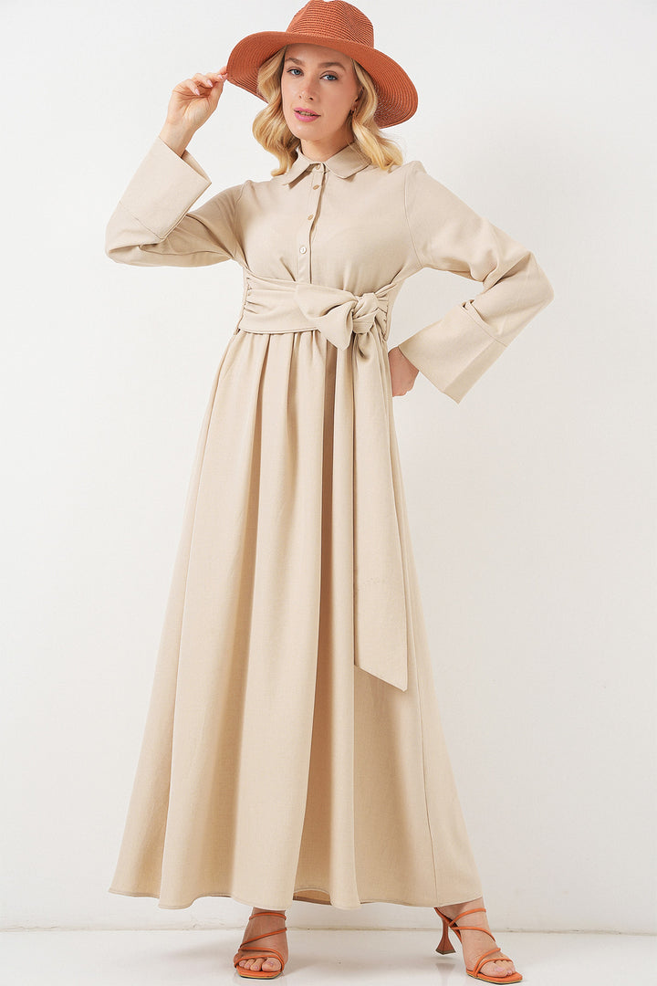 BGD Women Woman Front Tied Linen Dress 2574 - Beige - Tlapacoyan