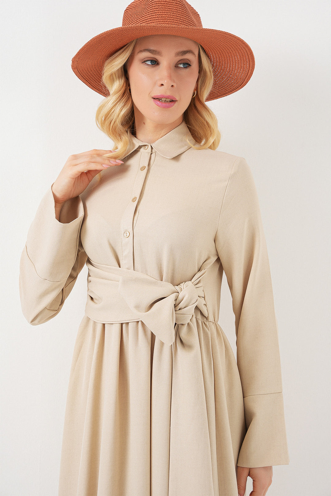 BGD Women Woman Front Tied Linen Dress 2574 - Beige - Tlapacoyan