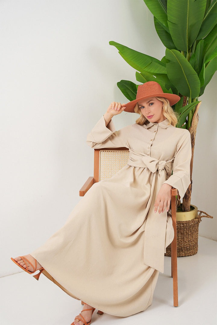 BGD Women Woman Front Tied Linen Dress 2574 - Beige - Tlapacoyan