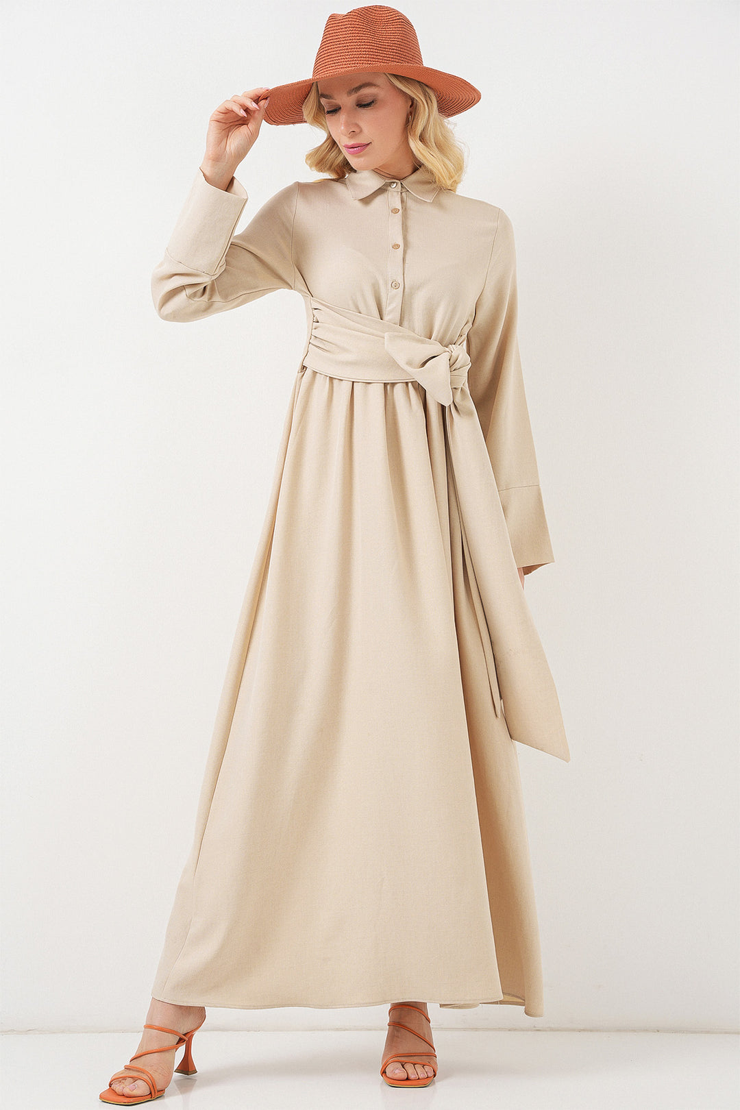 BGD Women Woman Front Tied Linen Dress 2574 - Beige - Tlapacoyan