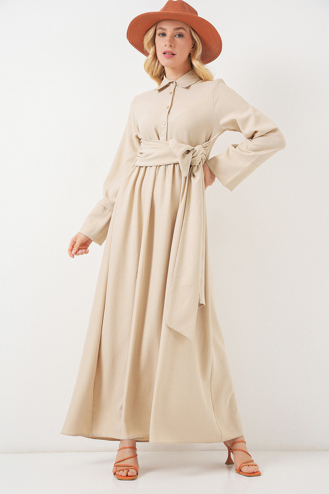 BGD Women Woman Front Tied Linen Dress 2574 - Beige - Tlapacoyan