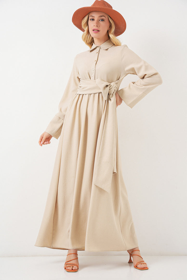 BGD Women Woman Front Tied Linen Dress 2574 - Beige - Tlapacoyan