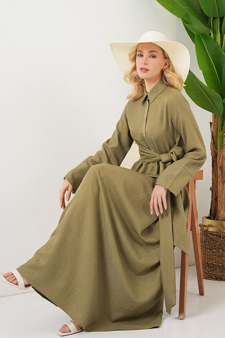 BGD Women Women's Front Tied Linen Dress 2574 - Çağla - Lower Hutt