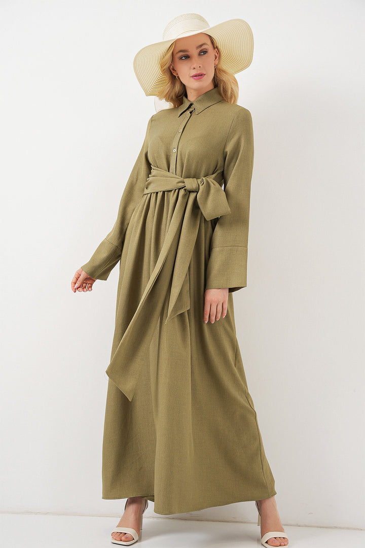 BGD Women Women's Front Tied Linen Dress 2574 - Çağla - Lower Hutt
