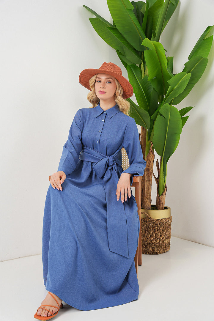 BGD Women Women's Front Tied Linen Dress 2574 - Indigo - Ferrara