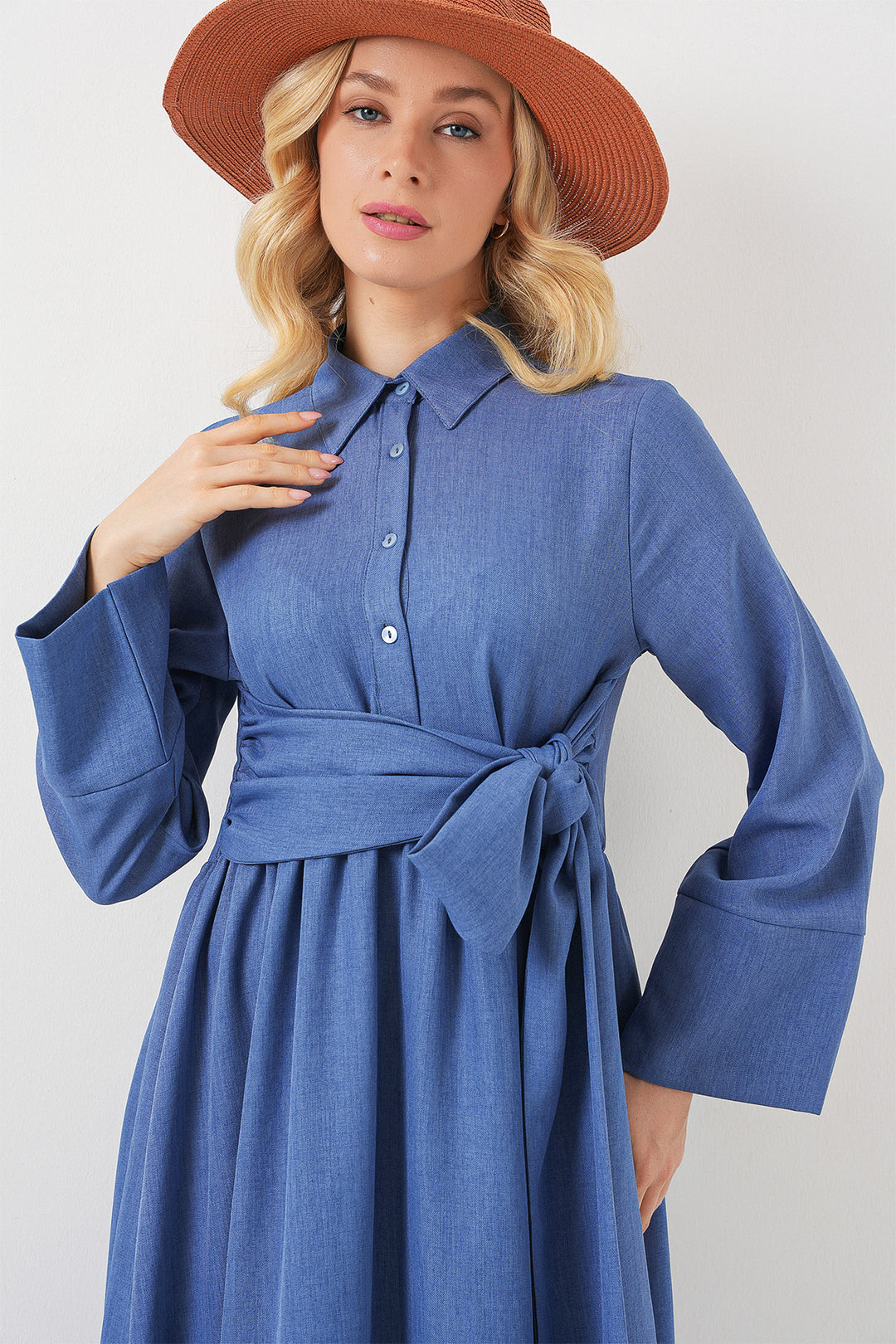 BGD Women Women's Front Tied Linen Dress 2574 - Indigo - Ferrara