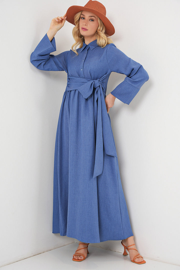 BGD Women Women's Front Tied Linen Dress 2574 - Indigo - Ferrara