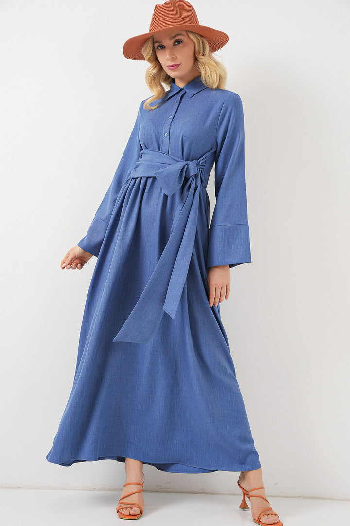 BGD Women Women's Front Tied Linen Dress 2574 - Indigo - Ferrara